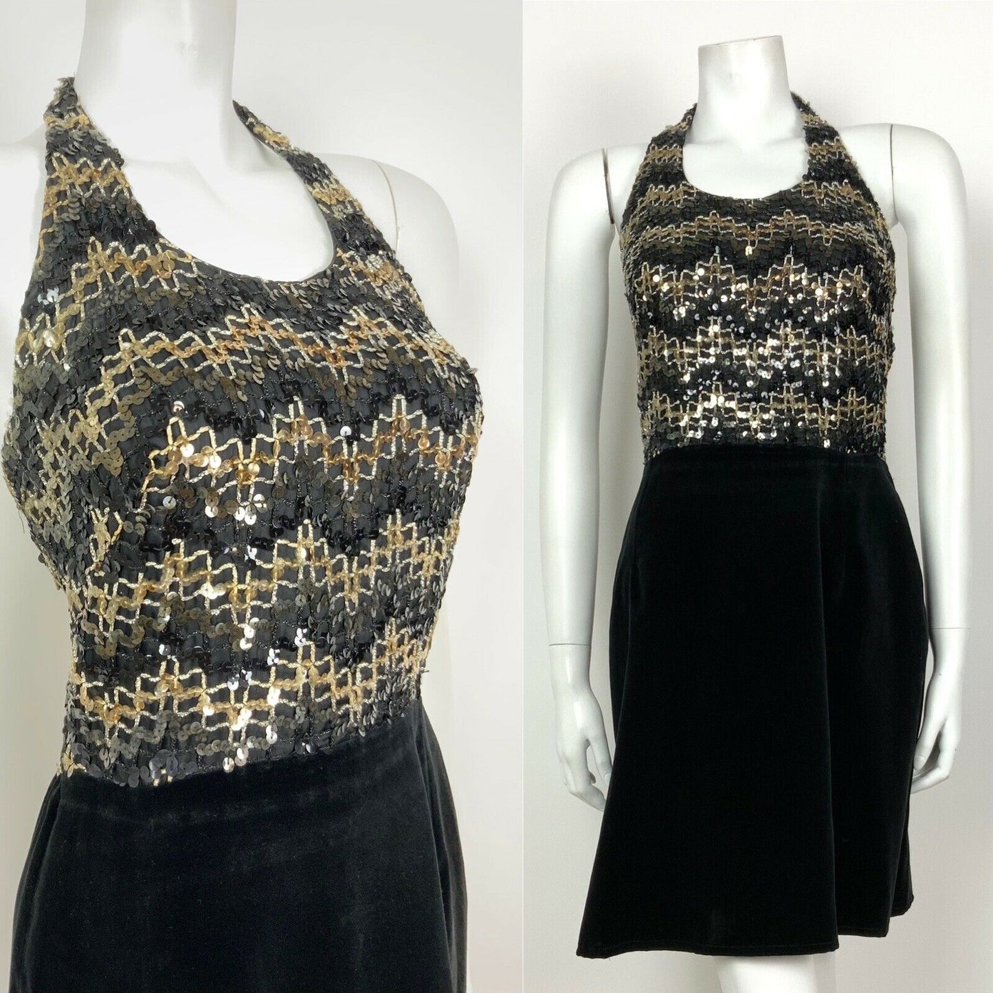 VINTAGE 60s 70s BLACK VELVET GOLD SEQUINNED DISCO STUDIO 54 HALTER DRESS 8 10