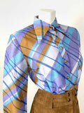 VTG 60s 70s PURPLE BLUE BRONZE CHECKED PLAID DAGGER COLLAR SHIRT BLOUSE 12 14