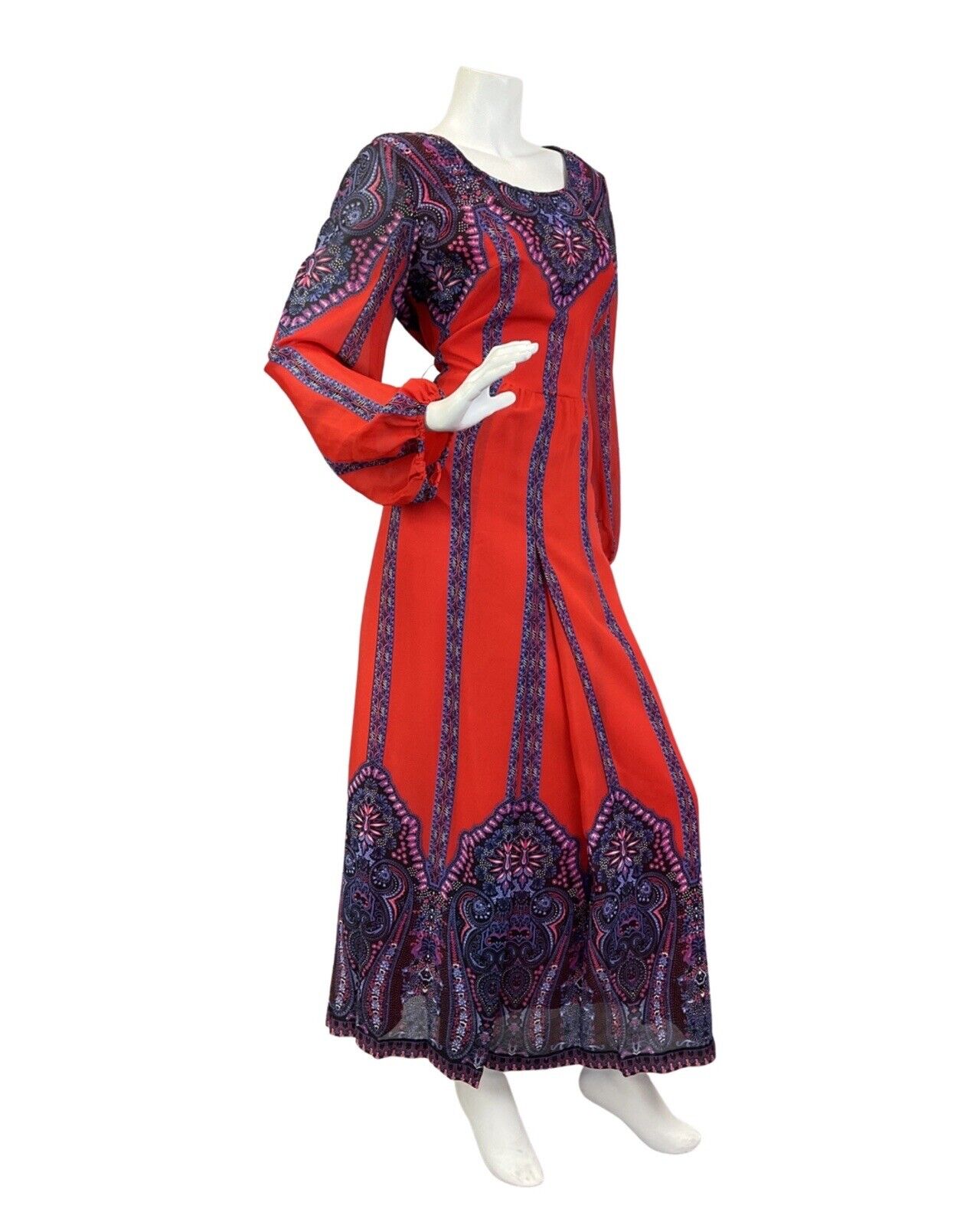 VINTAGE 60s 70s RED PURPLE BLACK FLORAL MANDALA BOHO FOLK MAXI DRESS 14