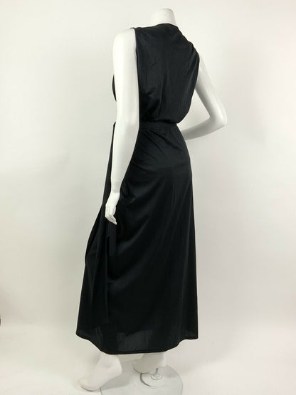 VINTAGE 60s 70s BLACK DIAMANTE PLUNGE NECK STUDIO 54 WRAP MAXI DRESS GOWN 6 8 10