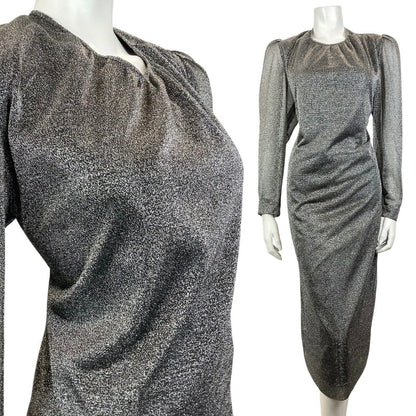 VINTAGE 60s 70s SILVER GLITTER LUREX STUDIO 54 GLAM DISCO PARTY MIDI DRESS 12