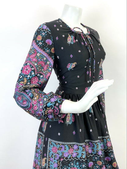 VINTAGE 60s 70s BLACK PURPLE PINK BLUE FLORAL PAISLEY BOHO FOLK MAXI DRESS 10 12