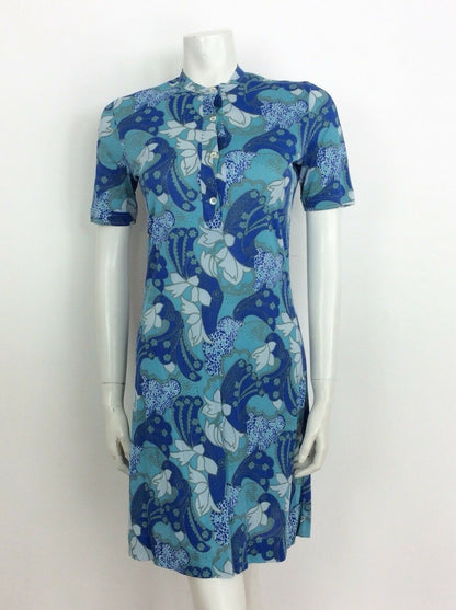 VTG 60S 70S BLUE WHITE TURQUOISE PSYCHEDELIC PRINT DRESS 10 12