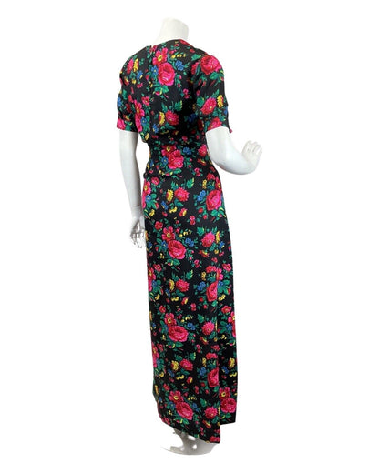 VNITAGE 60s 70s BLACK RED GREEN FLORAL ROSE SWEETHEART MOD MAXI DRESS 14 16