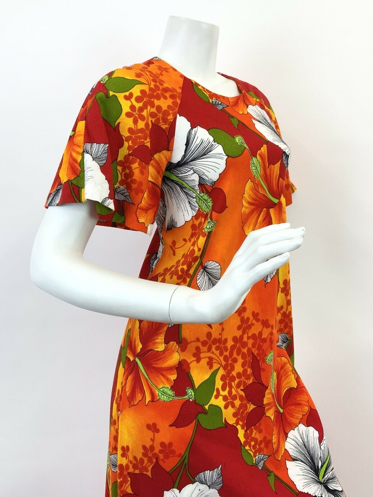 VTG 60s 70s ORANGE RED YELLOW HAWAIIAN FLORAL HIBISCUS SHIFT MAXI DRESS 10 12