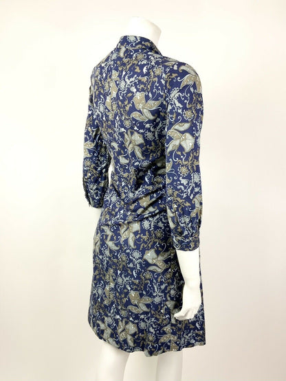 VINTAGE 60s 70s BLUE SILVER BROWN FLORAL PAISLEY PSYCHEDELIC SHIRT DRESS 10