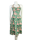 VTG 60s 70s GREEN RED CREAM CHINESE TIGER BLOSSOM CACHAREL HALTER SUN-DRESS 6 8