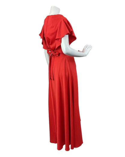 VINTAGE 60s 70s BRIGHT RED CAPE SLEEVE ELEGANT GOWN MAXI DRESS 10 12