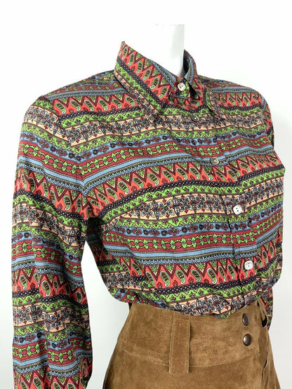 VINTAGE 60s 70s MULTI-COLOURED PAISLEY FLORAL AZTEC DAGGER COLLAR SHIRT 10 12 14