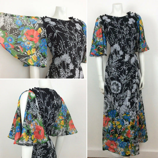 70S VINTAGE BLACK WHITE GARDEN PRINT FLARED FLUTTED SLEEVE MAXI DRESS 14