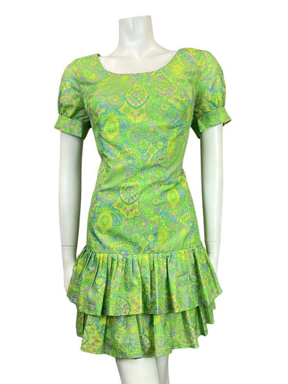 VTG 60s 70s GREEN LILAC YELLOW PSYCHEDELIC PAISLEY RUFFLED MOD MINI DRESS 12 14