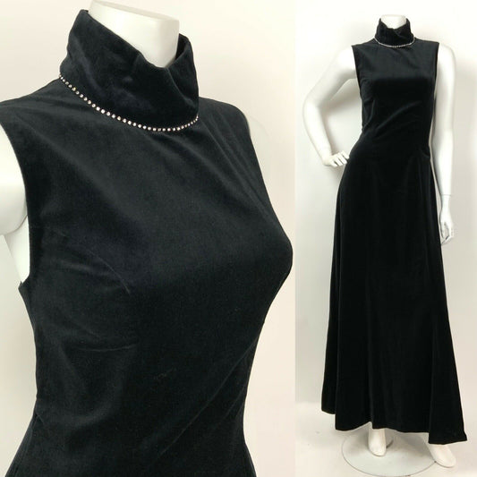 VINTAGE 60s 70s BLACK VELVET SILVER DIAMANTE STUDIO 54 DISCO MAXI DRESS 8 10