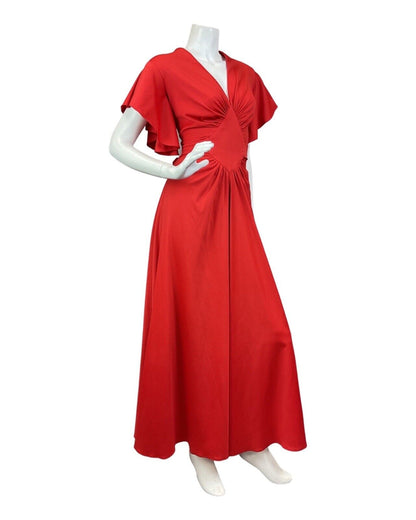 VINTAGE 60s 70s BRIGHT RED CAPE SLEEVE ELEGANT GOWN MAXI DRESS 10 12