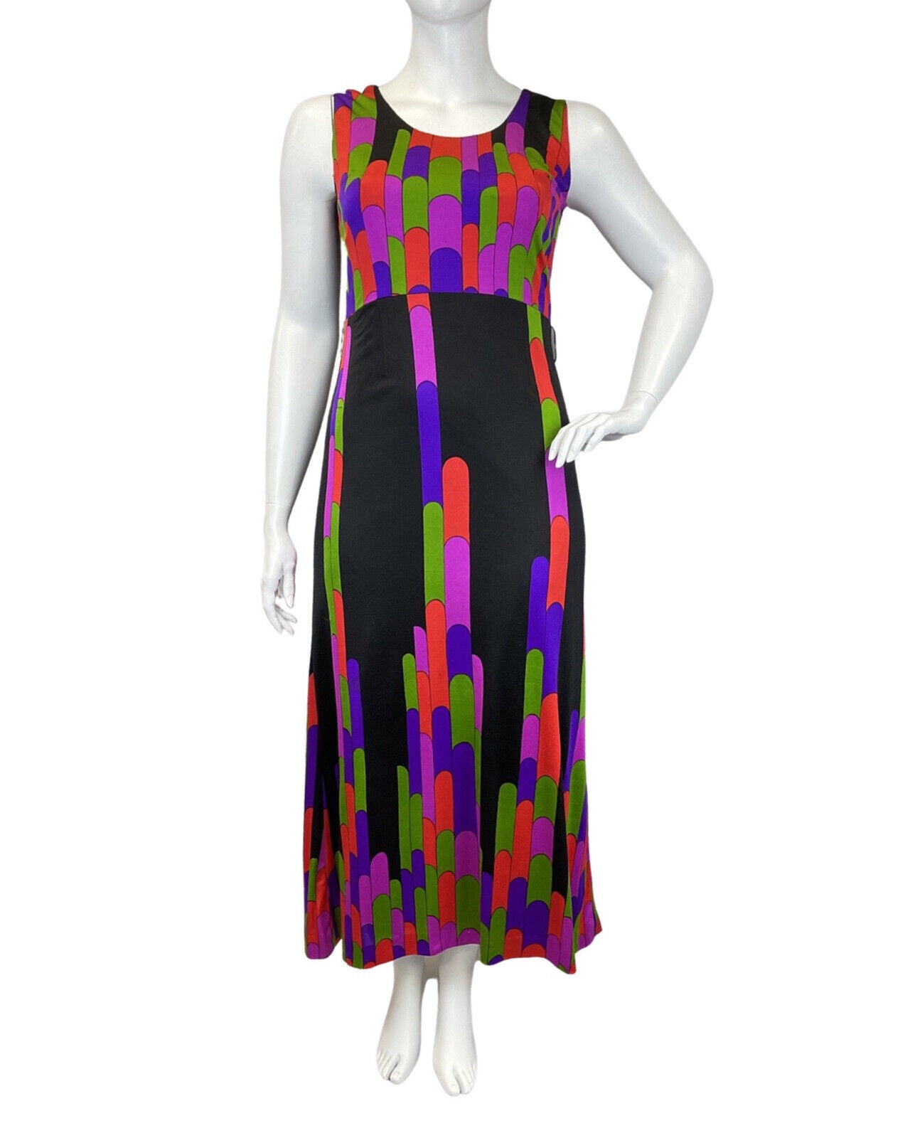 VINTAGE 60s 70s BLACK GREEN PURPLE GEOMETRIC MOD STRIPED MAXI DRESS 14 16