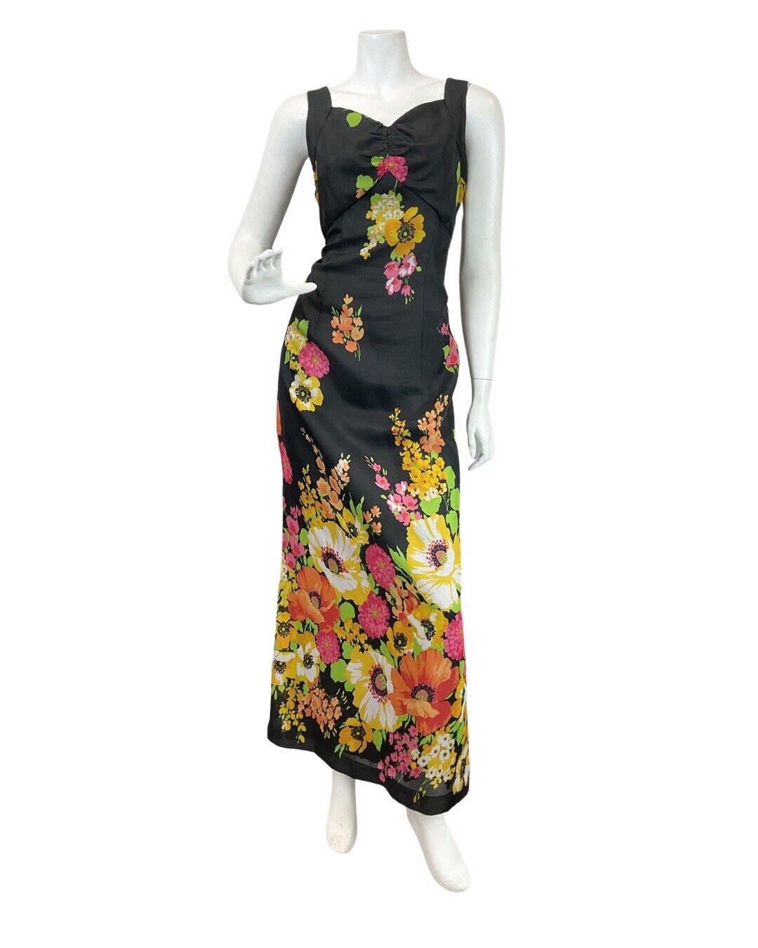 VINTAGE 70s BLACK PINK GREEN FLORAL POPPY SWEETHEART SLEEVELESS MAXI DRESS 10 12