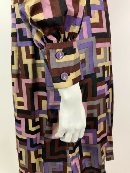 VTG 60s 70s PURPLE BROWN SILVER PINK GEOMETRI DOG-EAR COLLAR SHIRT DRESS 12 14