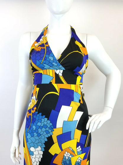 VINTAGE 60s 70s BLUE YELLOW BLACK GEOMETRIC FLORAL HALTER MAXI DRESS 14 16