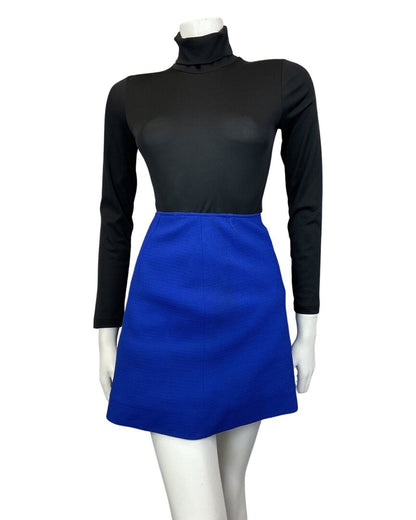 VINTAGE 60s 70s BRIGHT BLUE MOD MINI A-LINE SKIRT 6 8