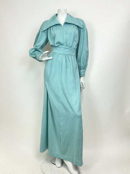 VTG 60s 70s BABY BLUE LUREX GLITTERY MOD STUDIO 54 DAGGER SHIRT MAXI DRESS 10