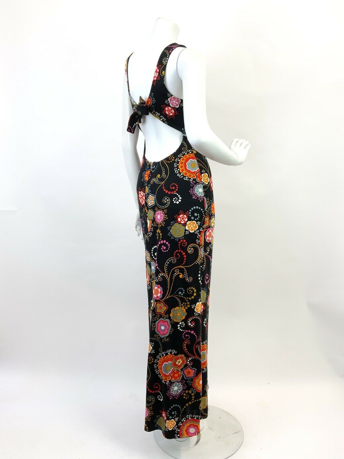 VTG 60s 70s BLACK PINK ORANGE RED PSYCHEDELIC FLORAL DOTTY EMPIRE MAXI DRESS 8