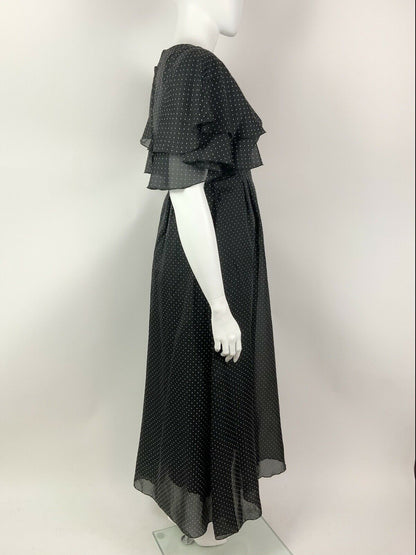 VINTAGE 60s 70s BLACK WHITE POLKA-DOT SHEER CAPE SLEEVE FLOATY MAXI DRESS 14 16