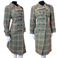 VTG 60s 70s GREEN BEIGE ORANGE CHECKED PLAID DOUBLE-BREASTED MOD WOOL COAT 16