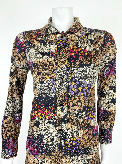 VTG 60s 70s BLACK PURPLE RED YELLOW PSYCHEDELIC FLORAL STAR SHIRT DRESS 12 14