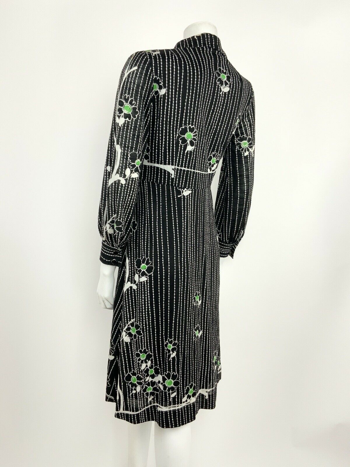 VINTAGE 60s 70s BLACK WHITE GREEN FLORAL DAISY STRIPED SHIRT DRESS 10