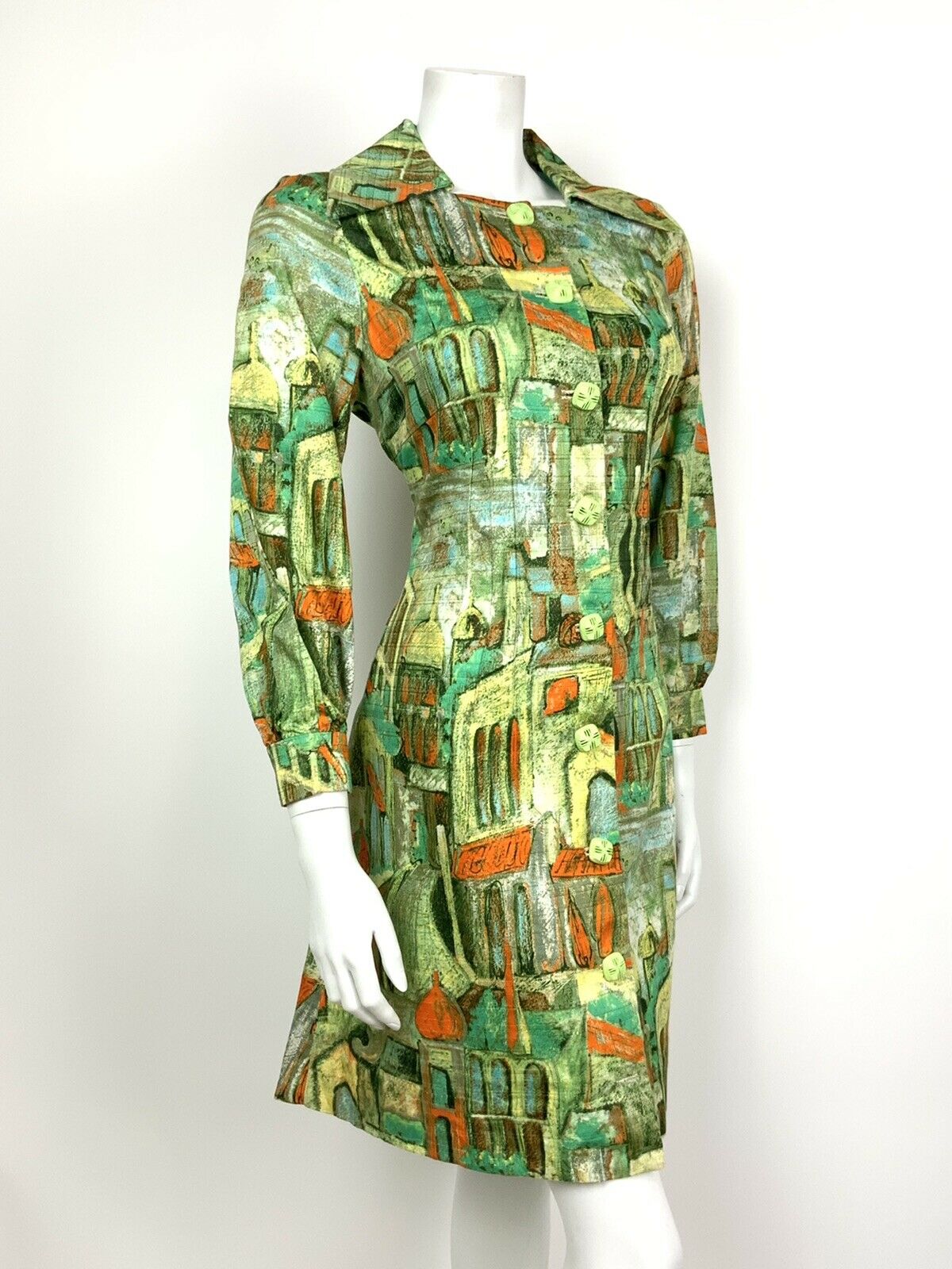 VINTAGE 60s 70s GREEN ORANGE BLUE ABSTRACT ARCH WING COLLAR SHIFT DRESS 14