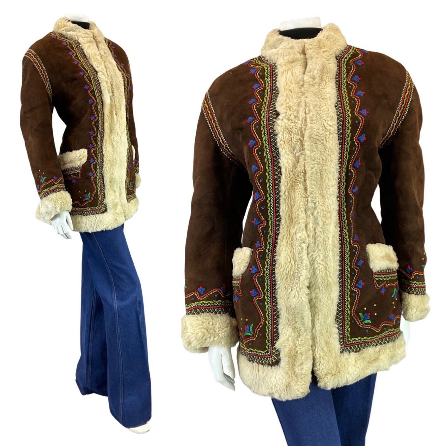 VINTAGE 60s 70s BROWN EMBROIDERED BOHO PENNY LANE AFGHAN SHEARLING COAT 12 14