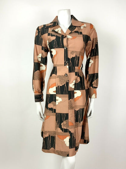 VINTAGE 60s 70s BROWN BLACK WHITE ORANGE TREE LEAF SQUARE DAGGER SHIRT DRESS 14