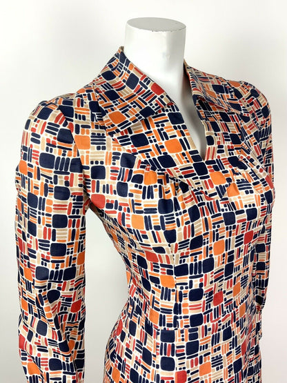 VINTAGE 60s 70s BLUE ORANGE RED BEIGE GEOMETRIC MOD DAGGER SHIRT DRESS 10 12