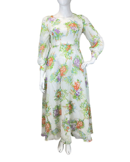 VINTAGE 60s 70s WHITE GREEN ORANGE FLORAL BOUQUET SHEER PRARIE MAXI DRESS 14 16