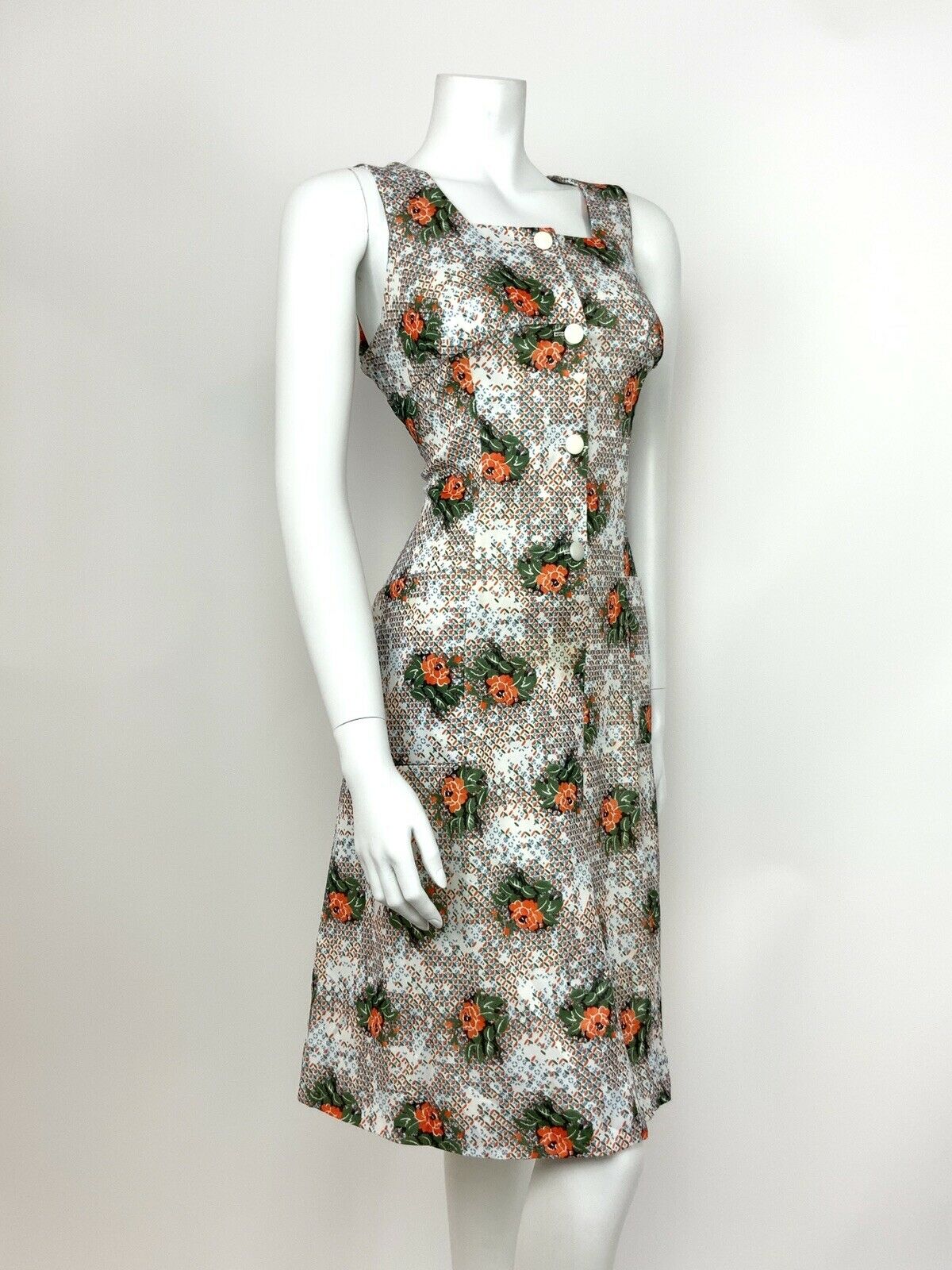 VTG 60s 70s ABSTRACT FLORAL WHITE GREEN ORANGE BLUE EMPIRE DRESS 12