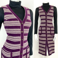 VTG 60s 70s MOD PURPLE WHITE STRIPED SLEEVELESS WOOL VEST DRESS WAISTCOAT 8 10