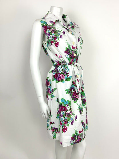 VINTAGE 60s 70s WHITE PINK PURPLE GREEN BOUQUET FLORAL WINGED SHIRT DRESS 12 14