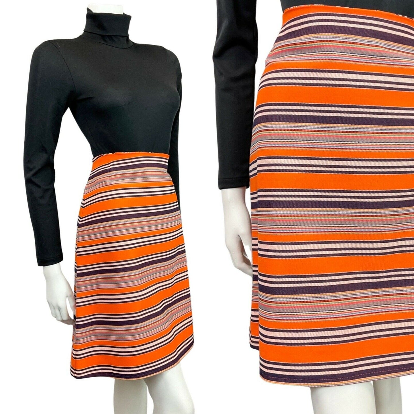 VINTAGE 60s 70s ORANGE BLACK WHITE BLUE STRIPED MOD SHORT SKIRT 14