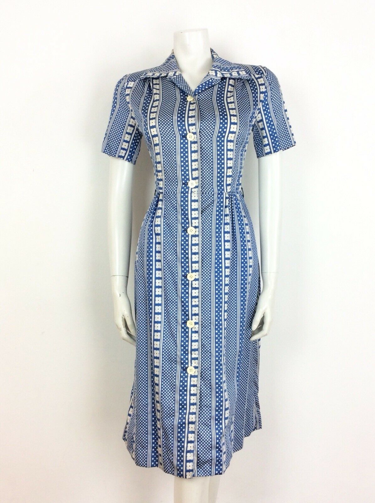 VTG 60S 70S BLUE WHITE DAISY FLOWER GEOMETRIC SHIRT DRESS 10