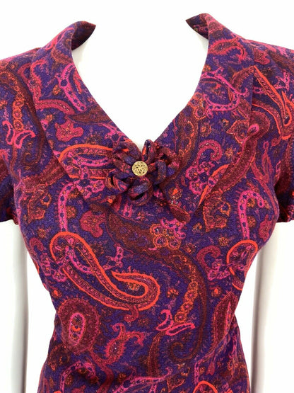 VTG 60s 70s PURPLE PINK ORANGE FLORAL PAISLEY CHELSEA COLLAR SHIFT DRESS 14 16