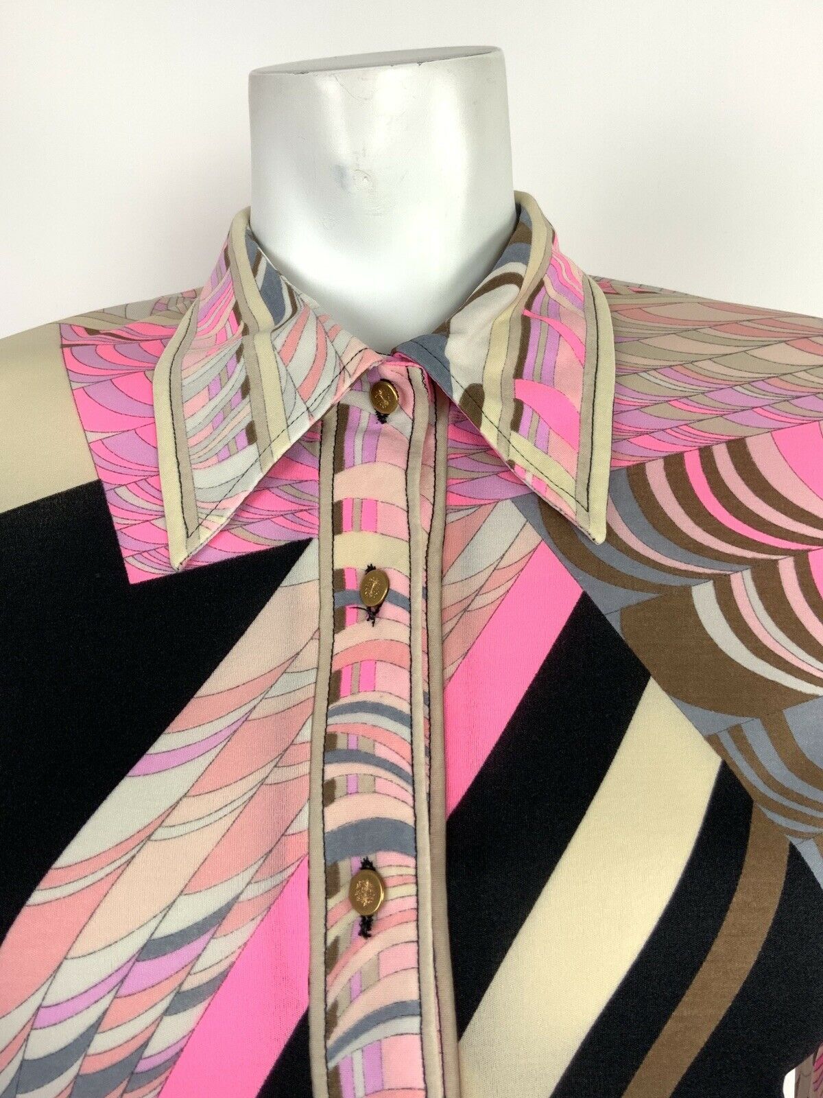 VTG 70s LEONARD PARIS BLACK GREY SILVER PINK OP-ART PSYCHEDELIC SHIRT 12 14