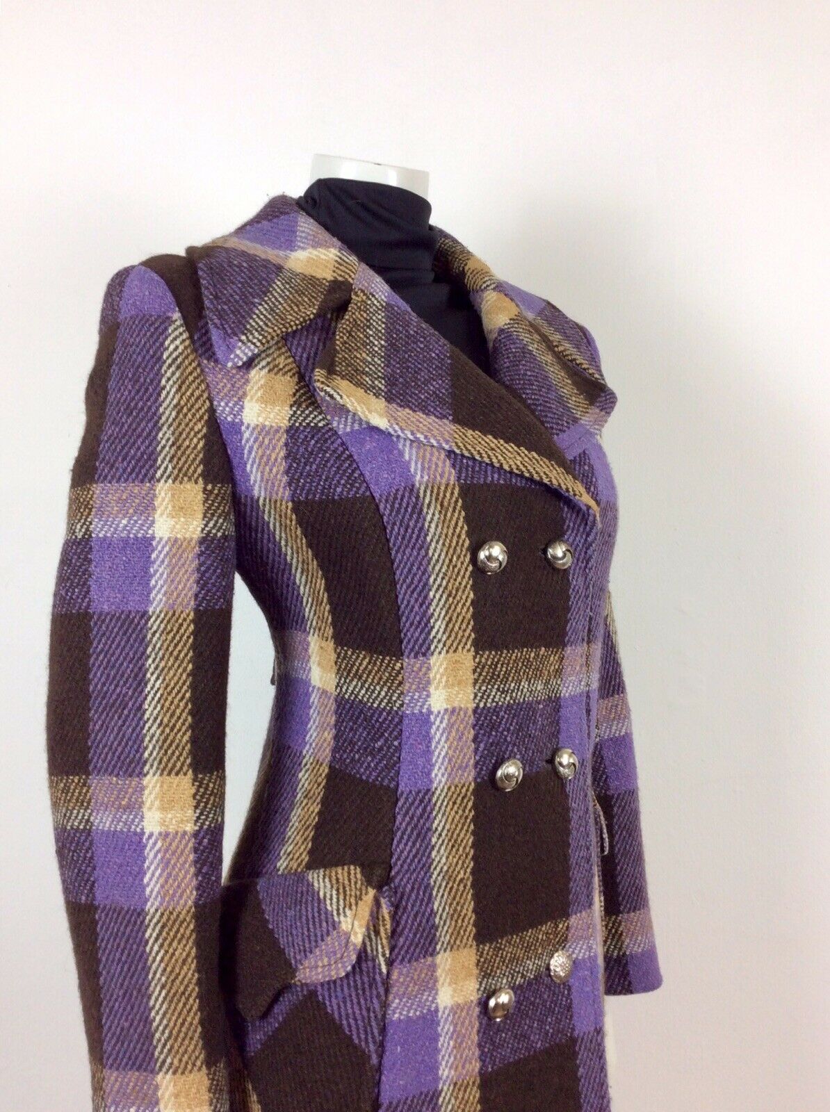 VTG 60s 70s DOUBLE-BREASTED PURPLE CREAM BROWN PLAID CHECK WOOL COAT 12 14 16