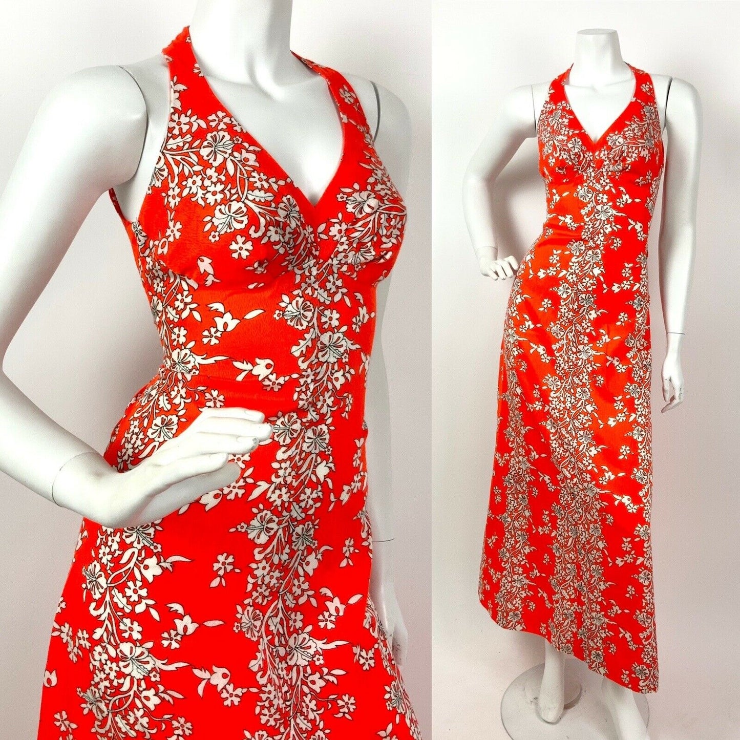 VTG 60s 70s NEON ORANGE WHITE HAWAIIAN FLORAL PLUNGING HALTER MAXI DRESS 8 10