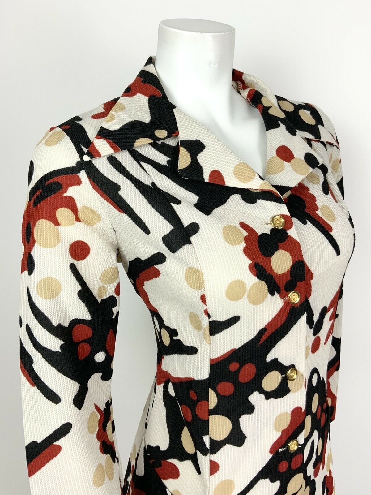 VINTAGE 60s 70s WHITE RED BLACK BEIGE ABSTRACT DOTTY DAGGER SHIRT DRESS 14 16