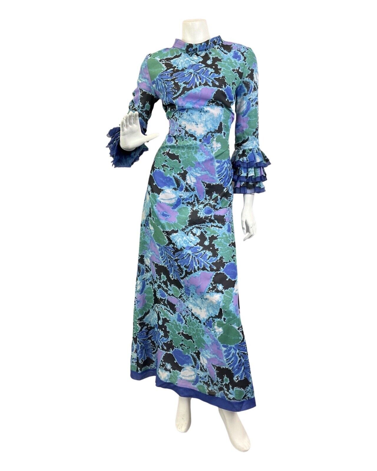 VINTAGE 60s 70s BLUE PURPLE GREEN PSYCHEDELIC FLORAL RUFFLED MAXI DRESS 10