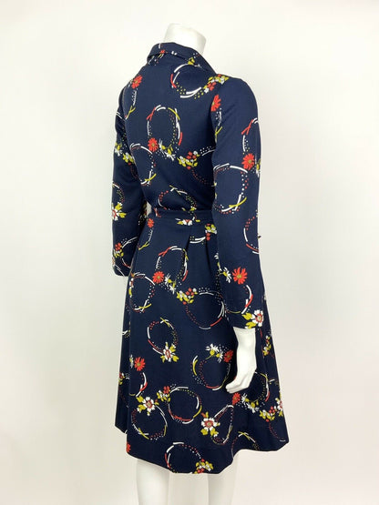 VINTAGE 60s 70s BLUE RED YELLOW FLORAL DAGGER COLLAR BELTED SHIRT DRESS 12 14