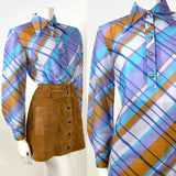 VTG 60s 70s PURPLE BLUE BRONZE CHECKED PLAID DAGGER COLLAR SHIRT BLOUSE 12 14