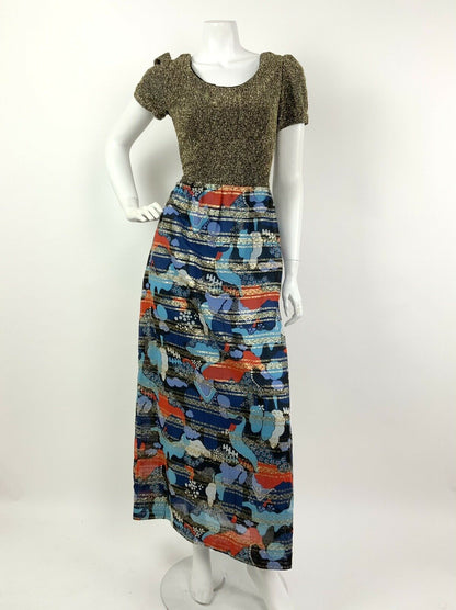 VINTAGE 60s 70s BLACK GOLD BLUE RED FLORAL PSYCHEDELIC GLITTER MAXI DRESS 10