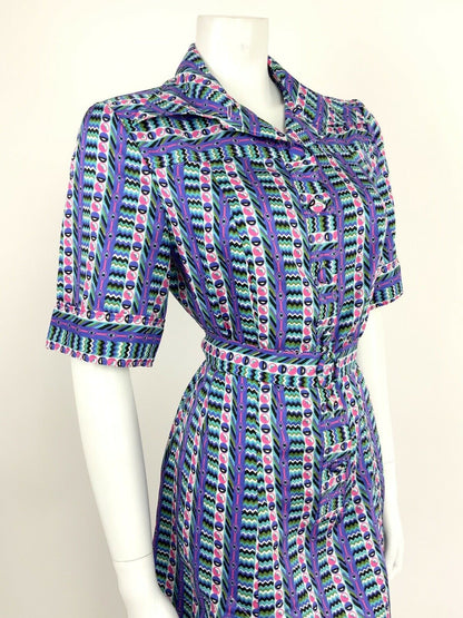 VTG 70s PURPLE PINK TEAL BLACK WHITE CHEVRON GEOMETRIC SHIRT DRESS 12 14 16