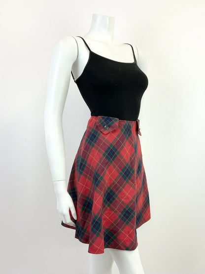 VINTAGE 60s 70s RED GREEN BLUE TARTAN CHECKED MOC CIRCLE SHORT SKIRT 8