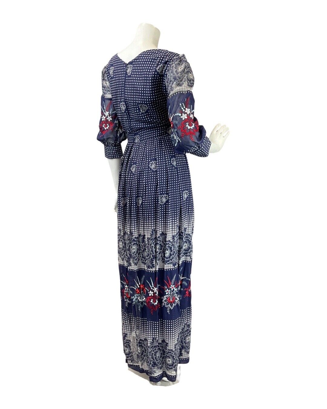 VINTAGE 60s 70s BLUE WHITE RED CHECKED FLORAL EMBROIDERED MAXI DRESS 14 16